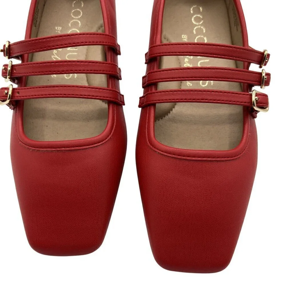 Coconuts New By Matisse 6 Red Triple Strap Mary Jane Ballet Flats Square Toe